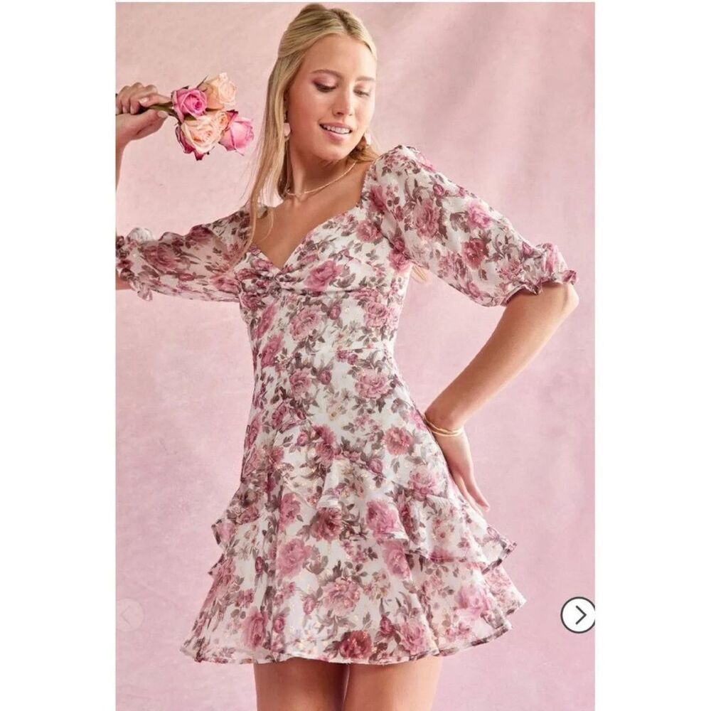 NWOT Miami for Francesca's Natalia Floral Waisted Dress Pink Gold Flecks S